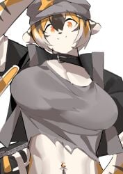 1girls amber_eyes anthro arknights armpits aspirindabaitu big_breasts breasts female female_only furry hat mx99926 shirt short_hair smile solo solo_female tagme tank_top tiger tiger_girl two_tone_hair waai_fu_(arknights)