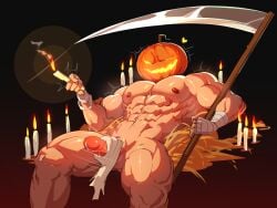 2022 abs absurd_res arm_wraps balls biceps black_background candle cum cum_on_body cum_on_stomach cum_string disembodied_hand empty_eyes erection glans glowing_eyes glowing_mouth grasp halloween handjob hay heart holding_object holding_weapon humanoid humanoid_penis jack-o'-lantern leaking leaking_penis leaking_precum light_skin loincloth looking_at_viewer looking_pleasured lying male mostly_nude motion_lines muscular muscular_humanoid muscular_male muscular_thighs nipples one_eye_closed open_mouth open_smile pecs penis pink_glans precum precum_drip precum_leaking precum_string pumpkin_head retracted_foreskin scythe sedo sedo_(usingincognito) shaking solo solo_male usingincognito yellow_eyes yellow_mouth