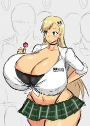 1girls bimbo blonde_hair blue_eyes borrowed_character gigantic_breasts hair_pin huge_ass huge_breasts lollipop momiji_(artist) name_tag original pandora_smith skirt thong tied_shirt tiny_skirt