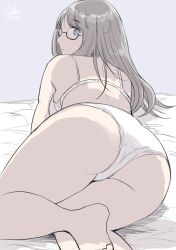 1girls 2022 artist_signature ass bare_shoulders blue_eyes bra brown_hair feet female female_only glasses hadashi_no_kenji japanese_text on_bed original original_character solo solo_female solo_focus thick_thighs thighs white_bra