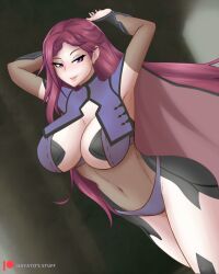 1girls alternate_costume arms_up bangs bare_thighs bodystocking breasts cape cleavage collar cosplay covered_navel dark_background dark_mage_(fire_emblem_fates) female female female_only fire_emblem fire_emblem_fates fire_emblem_heroes gloves hayato_stuff highres large_breasts loki_(fire_emblem) long_hair looking_at_viewer nintendo nyx_(fire_emblem)_(cosplay) open_mouth panties purple_eyes purple_hair purple_panties smile solo thighhighs thighs underwear very_long_hair