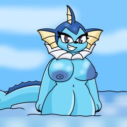 anthro big_breasts breasts digital_media_(artwork) eeveelution female generation_1_pokemon happy hi_res looking_at_viewer lyncario nintendo nude pokemon pokemon_(species) simple_background smile solo thick_thighs vaporeon video_games water