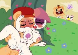 anthro balls blush bodily_fluids breasts clothing cub_(htf) duo female flower genitals giant_panda happy_birthday happy_tree_friends hat headgear headwear heart hi_res lilli_villa male male/female mammal orange_body outside penetration penis plant pop_(htf) tree ursid vaginal_penetration white_body