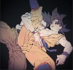 blushing dragon_ball father_and_son femboy femboy_dilf feminine_male grabbing_from_behind grinding imminent_sex incest male_only son_gohan son_goku sucking_nipples yaoi younger_dom_older_sub