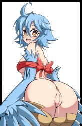 1girls absurdres ahoge anus ass bangs bent_over blue_feathers blue_hair blue_wings blush bottomless breasts commentary english_commentary feathered_wings feathers female female_only hair_between_eyes harpy highres littlepengo looking_at_viewer looking_back medium_breasts medium_hair monster_girl monster_musume_no_iru_nichijou open_mouth papi_(monster_musume) pussy pussy_juice pussy_juice_drip ribbon_bra scales simple_background small_breasts solo white_background winged_arms wings yellow_eyes