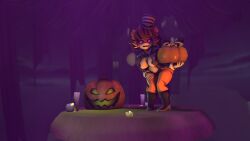 anthro cat_girl cat_humanoid furry glowing_eyes halloween halloween_2022 halloween_costume in_heat in_heat_(game) jack-o'-lantern monster_girl pumpkin sammy_(in_heat) spider26 tiger tiger_girl