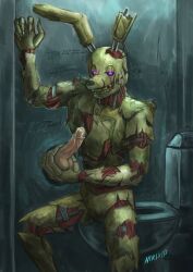 animatronic anthro balls dick erection faceless_male five_nights_at_freddy's five_nights_at_freddy's_3 fnaf gay glory_hole green_body green_skin human male male/male male_only nikixip penis rabbit springtrap springtrap_(fnaf) text