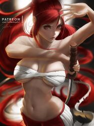 1girls big_breasts breasts cleavage erza_scarlet fairy_tail female female_only horns large_breasts lolliedrop looking_at_viewer solo