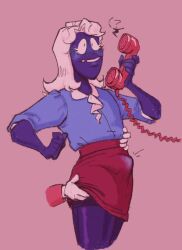 1boy blush bulge collared_shirt crossdressing deltarune eyelashes legwear light_blue_shirt long_hair male male_only no_humans non-human non-human_only red_skirt rouxls_kaard skirt tagme telephone white_hair