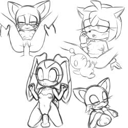 adhesivesocks amy_rose chao_(sonic) cream_the_rabbit legs_up male_pov monochrome paizuri pov rouge_the_bat sketch sonic_(series) spread_legs vaginal_penetration white_background