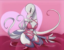 1girls anthro bed bedroom bedroom_eyes blush cartoony dustedpollen female female_only heart licking_hand lingerie lizard long_tail looking_at_viewer nintendo no_humans pink_background pink_eyes pink_lingerie pokémon_(species) pokemon pokemon_(species) reptile salazzle scalia seductive seductive_smile shiny_pokemon shiny_salazzle smiling solo tail tongue tongue_out valentine's_day white_scales