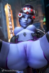 1girls 3d 3d_(artwork) anus anus_peek big_breasts blender blender_(software) breasts breasts_out female female_only legs legs_apart legs_spread overwatch overwatch_2 purple_body purple_hair purple_skin pussy reachchaos spread_legs spreading thick_thighs vagina widowmaker yellow_eyes