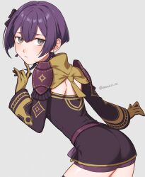 1girls ass bare_thighs bernadetta_von_varley big_ass bike_shorts dress ear_piercing female female_only fire_emblem fire_emblem:_three_houses gloves grey_background grey_eyes highres long_sleeves looking_at_viewer looking_back nintendo peach11_01 piercing post-timeskip purple_hair purple_shorts short_dress short_hair short_shorts shorts shoulder_blades simple_background solo thighs twitter_username very_short_hair yellow_gloves