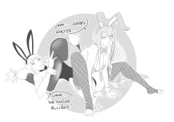 2girls 69 69_position all_fours animal_ears ass awkward bent_over boruto:_naruto_next_generations breasts bunny_ears bunny_girl bunnysuit caught caught_in_the_act detached_sleeves fake_animal_ears female female_only hyuuga_hanabi implied_sex kazamatsuri_moegi kneeling leotard lying_on_back mattwilson83 monochrome naruto naruto_(series) pussy talking talking_to_viewer yuri