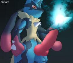 animal_genitalia animal_penis aura balls big_balls big_penis black_body blue_body blue_fur canid canine canine_penis canis digital_media_(artwork) erection fire fur generation_4_pokemon genitals glowing glowing_eyes hi_res knot looking_at_viewer lucario male mammal mega_evolution mega_lucario nintendo penis pokemon pokemon_(species) presenting presenting_penis red_eyes simple_background smile smirk solo varium video_games