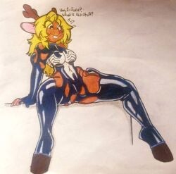 2022 antlers blonde_hair brown_fur deer deer_girl deltarune elbow_gloves encasement furry hooves impossible_clothes latex_gloves latex_leggings latex_suit leotard marvel noelle_holiday red_nose reindeer sitting surprised symbiote symbioticdeviant takeover tentacle text thighhighs tight_clothing venom