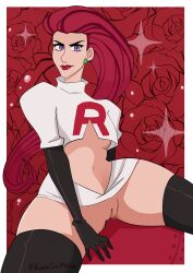 bad_anatomy bubblegummcgee earrings female jessie_(pokemon) lipstick long_gloves no_panties pokemon pokemon_(anime) purple_eyes red_hair rose solo