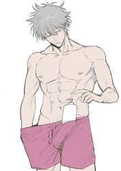 boxers bulge erection_under_clothes expressionless gintama gintoki_sakata grey_hair half-closed_eyes male male_only messy_hair muscular muscular_male pale-skinned_male pale_skin shampoo_bottle shampoo_challenge solo topless topless_male underwear underwear_pull