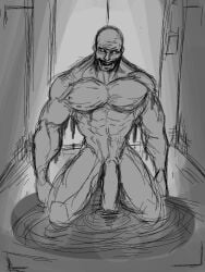 1boy bara big_penis coming_out_of_liquid dark-skinned_male dark_skin facility gay grey_background greyscale humanoid male male_focus male_only manifestation muscular muscular_male no_color nude nude_male portal portal_opst puddle scp-106 scp_foundation simple_background sketch solo solo_focus solo_male wet wet_body