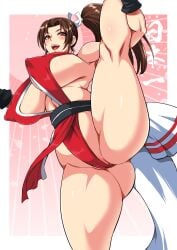 1girls ass bangs blush breasts brown_eyes brown_hair cameltoe covered_erect_nipples erect_nipples_under_clothes fatal_fury high_ponytail highres huge_breasts king_of_fighters kneepits long_hair mai_shiranui musashino_sekai ninja no_bra open_mouth partially_visible_vulva pelvic_curtain ponytail puffy_nipples revealing_clothes sideboob solo split standing standing_on_one_leg standing_split teeth thighs upper_teeth