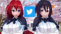 2girls 3d akeno_himejima black_hair blue_eyes clothed female female_only high_school_dxd koi-animex koikatsu red_hair rias_gremory