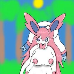 absurd_res anthro areola big_breasts blurred_background breasts crotch_lines digital_media_(artwork) eeveelution eyebrows female fur generation_6_pokemon hair hi_res humanoid looking_at_viewer makeup mammal mascara miyang_draws! nintendo nipples nude pink_areola pink_hair pink_nipples plant pokemon pokemon_(species) purple_mascara raised_eyebrow ribbons simple_background smile solo sylveon tree video_games