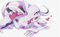 female female_focus female_only furry heart laying_down lizard lizard_girl long_tail looking_at_viewer open_mouth pink_eyes pokémon_(species) pokemon pokemon_(species) reaching_out reaching_towards_viewer salazzle scalie shiny_pokemon shiny_salazzle spread_legs white_background white_scales white_skin