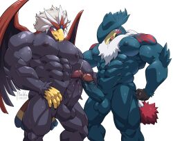 abs absurd_res anthro anthrofied balls bara beak blush bodily_fluids braviary cum duo erection feathered_wings feathers generation_4_pokemon generation_5_pokemon genital_fluids genitals hi_res honchkrow humanoid_genitalia humanoid_penis maldu male male/male muscular muscular_anthro muscular_male nintendo nipples nude pecs penis pokemon pokemon_(species) simple_background video_games white_background wings