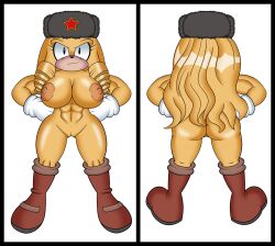 abs absurd_res alek_the_bear anthro blonde_hair boots boots_only clothing fan_character female footwear footwear_only fur gloves hair hair_drills handwear hi_res long_hair mammal mobian_monster mostly_nude muscular parka red_star russian solo sonic_(series) soviet_union ursid yellow_body yellow_fur