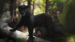 animal_genitalia balls big_balls black_body black_fur claws felid feral forest fur gage_the_panther genitals grin hi_res huge_balls hyper hyper_balls hyper_genitalia looking_at_viewer male mammal nolow open_mouth pantherine plant sheath smile solo tree