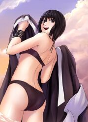 1girls :d armband ass back bikini black_bikini black_eyes black_hair cloud female female_only from_behind from_below fully_clothed happy holding_clothing holding_object kimono kimono_removed looking_back lowres naruto naruto_(series) naruto_shippuden open_mouth rear_view shizune short_hair sky smile solo swimsuit tk_(tk's_level4) wading water