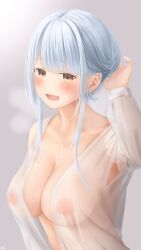 1girls blue_hair large_breasts nipples ramchi see-through see-through_clothing smile solo yellow_eyes