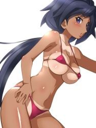 adjusting_clothes adjusting_swimsuit alternate_costume awa ayame_(gundam_build_divers) backlighting bangs bikini bikini_tan black_hair blush breasts collarbone cowboy_shot female from_side fujisawa_aya groin gundam gundam_build_divers hair_ornament large_breasts long_hair looking_at_viewer low_ponytail messy_hair micro_bikini navel outstretched_arm parted_bangs parted_lips purple_eyes red_bikini shiny shiny_skin sideways_glance simple_background skindentation solo standing strap_gap string_bikini swimsuit tan tanlines thighs underboob very_long_hair white_background