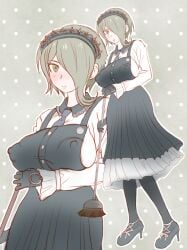 blush breasts broom danganronpa danganronpa_v3 female_only large_breasts maid maid_uniform nipple_bulge no_bra no_bra_under_clothes smooth_skin tai_miso toujou_kirumi