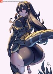 1girls alternate_hair_color armor artist_name ass ass_focus bare_thighs barefoot black_hair black_panties blonde_hair corrin_(fire_emblem) corrin_(fire_emblem)_(female) female female_only fire_emblem fire_emblem_fates hair_ornament hairband highres inner_thighs large_ass light_skin looking_at_viewer looking_back nintendo panties pointy_ears red_eyes solo tail thighs underwear watermark xhaart