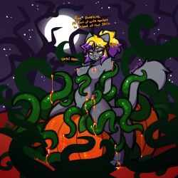 ashley_(mewgle) blonde_hair english_text female furry grey_fur mewgle night pregnant pumpkin tagme tentacle tentacle_on_female text