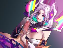 1boy 1girls big_breasts blue_nails censored clothed glove gloved_handjob hair_ornament handjob holding_penis laughter_(artist) league_of_legends light-skinned_female light-skinned_male light_skin looking_at_viewer morgana single_glove smile star_guardian_series star_nemesis_morgana white_hair yellow_eyes