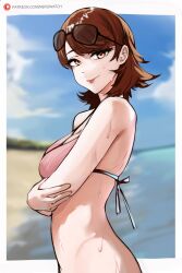 1girls atlus bikini bikini_top bikini_top_only bottomless breasts female female_only looking_at_viewer nero_watch partially_clothed persona persona_3 pink_bikini pink_bikini_top solo sunglasses sunglasses_on_head tagme top_only yukari_takeba