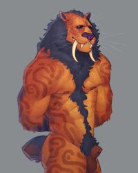 2020 abs animal_genitalia anthro balls black_hair body_hair chest_tuft fangs felid fully_sheathed fur fur_markings genitals hair hands_behind_back happy_trail hi_res looking_at_viewer machairodontine male mammal mane markings muscular muscular_anthro muscular_male nipples nude orange_body pecs penis penis_tip portrait pubes roamingthrough sabertooth_(anatomy) sheath simple_background solo standing teeth three-quarter_portrait tuft