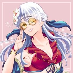 1girls alternate_costume alternate_version_available armpits bikini blowing_kiss breasts cleavage female female_only fire_emblem fire_emblem:_radiant_dawn fire_emblem_heroes flower grey_hair grin hair_flower heart long_hair looking_at_viewer marth-chan_(micaiah_mrmm) medium_hair micaiah_(fire_emblem) micaiah_(summer)_(fire_emblem) micaiah_mrmm nintendo official_alternate_costume one_eye_closed red_bikini red_swimsuit seductive sideboob silver_hair smile solo sunglasses swimsuit tinted_eyewear upper_body wink yellow-tinted_eyewear yellow_eyes