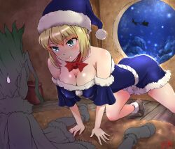 1boy 1girls ass beckoning big_breasts blonde_hair blue_eyes blush christmas christmas_outfit cleavage covered_erect_nipples dr.stone eye_contact female hard_nipples hat indoors ishigami_senku kohaku_(dr.stone) looking_at_another male night ponytail santa_hat shiny shiny_skin smile straight sweatdrop tsurime v_shaped_eyebrows