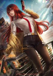 1girls axsens belt belt_buckle breasts breasts_out cellphone city clothed clothing dress_shirt guard_rail holding_cellphone holding_object jacket leather leather_shorts long_hair looking_at_viewer makise_kurisu short_shorts shorts solo steins;gate tie tight_shorts