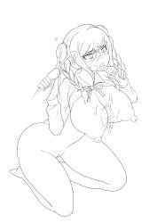 alternate_version_available ass bottomless_female breasts cum cum_on_breasts danganronpa danganronpa_2:_goodbye_despair double_handjob handjob large_breasts multiple_penises pekoyama_peko penis pussy straight_hair super_danganronpa_2 tai_miso thick_thighs thighs unseen_male_face