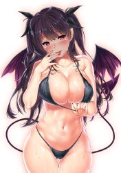 bikini bikini_tug black_bikini black_ribbon blush breasts cleavage collarbone demon_girl demon_tail demon_wings feet_out_of_frame female gluteal_fold hair_ribbon highleg highleg_bikini highres kawai_(purplrpouni) large_breasts long_hair navel original pink_eyes purple_hair ribbon skindentation solo stomach string_bikini swimsuit tail thighs thong_bikini tongue tongue_out twintails wet wings