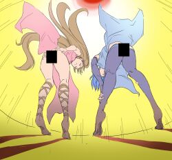 2girls ass bare_legs big_ass blue_hair brown_hair catria_(fire_emblem) censored closed_eyes elbow_gloves female female_only fingerless_gloves fire_emblem fire_emblem:_mystery_of_the_emblem fire_emblem:_shadow_dragon_and_the_blade_of_light from_below frown gloves legs linde_(fire_emblem) long_hair multiple_girls nintendo pelvic_curtain short_hair thighhighs tony_bob very_long_hair wind_lift