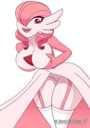 alternate_color bubblegummcgee cosplay_gardevoir female gardevoir garter_straps hair_over_one_eye large_breasts pink_hair pokemon pokemon_(species) pokemon_rse pussy red_eyes solo