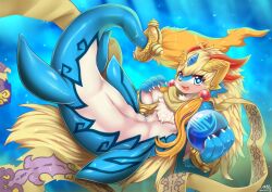 blonde_hair blue_body blue_eyes blush bracelet canid canine canis cetacean detailed_background hair hybrid jewelry light light_beam male mammal marine multicolored_body open_mouth orb scarf shaorune slit smile solo split_form sunbeam sunlight tales_of_(series) tales_of_rebirth two_tone_body underwater video_games water white_body wolf wolflong