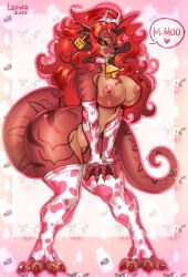 2d animal_bikini animal_print anthro bikini blush breasts clothed clothing cow_bikini cow_outfit cow_print cowbell digital_media_(artwork) female genitals hair hi_res horn leonifa looking_at_viewer nipples open_mouth pattern_clothing pattern_swimwear pussy red_body red_eyes red_hair reptile scalie scalie_female shihari short_stack shortstack snake solo swimwear thick_thighs wide_hips