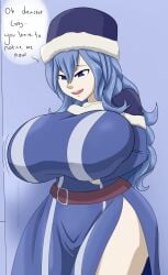 1girls big_breasts blue_clothing blue_eyes blue_hair boots breasts_bigger_than_head english_text enormous_breasts fairy_tail female_only hat holding_breasts huge_ass huge_belly huge_breasts juvia_lockser long_hair massive_breasts nomopolitainia smiling tagme talking text thick_thighs