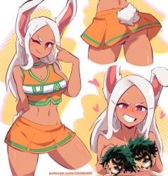 ass ass_view behind behind_view belly belly_button bikini bikini_bottom bikini_top blush blush_lines bunny_ears bunny_tail censor_bar censored cheerleader cheerleader_uniform choker dashi_art heart heart-shaped_pupils izuku_midoriya long_hair looking_at_viewer miruko my_hero_academia no_panties one_eye_closed pointing pointing_at_self rabbit rabbit_ears rabbit_girl rabbit_humanoid rabbit_tail red_eyes rumi_usagiyama skirt smile sweat sweatdrop text watermark white_background white_hair wink